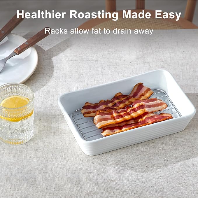 ONEMORE Baking Dishes for Oven, 9x13 Large Casserole Dishes for Oven with Roasting Racks, Rectangular Ceramic Baking Dish Set of 3 for Cooking & Serving, Deep Dish Lasagna Pan (3QT/2.1QT/1.3QT)