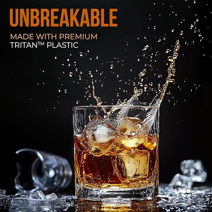Bravario Unbreakable Whiskey Glasses, Plastic Rocks Glasses — 12.5 oz Clear Dishwasher Safe Tritan Old Fashioned Drinkware, Shatterproof BPA-Free Bourbon Cocktail Set of 4