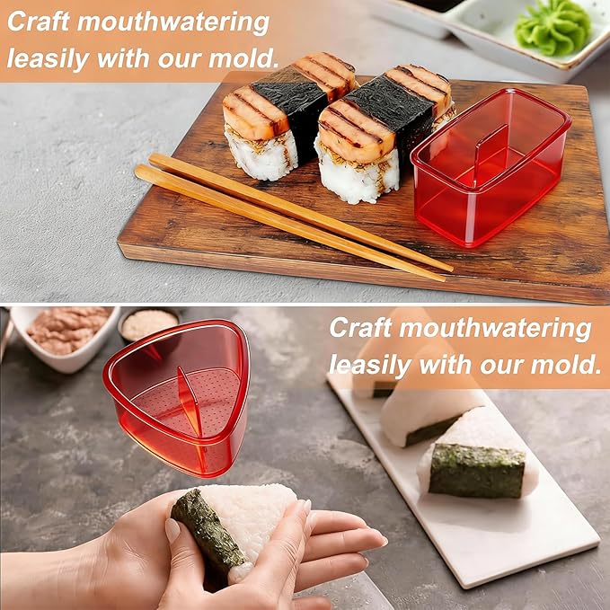 3PCS Clear Red Onigiri Rice Ball Mold Maker Kit, Musubi Press, Triangle Sushi Press for Kid Lunch Bento, Non-stick, BPA-Free