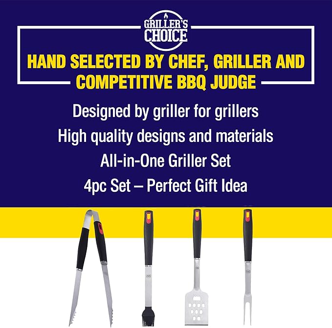 Grillers Choice -Grill Accessories for Outdoor Grill-4 pc -Grilling Tools. Commercial Professional Barbecue Set. Heavy Duty and Strong. BBQ Thongs, Fork, Spatula, Baster by Grillers Choice