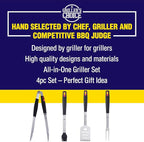 Grillers Choice -Grill Accessories for Outdoor Grill-4 pc -Grilling Tools. Commercial Professional Barbecue Set. Heavy Duty and Strong. BBQ Thongs, Fork, Spatula, Baster by Grillers Choice