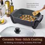 Elite Gourmet 15" x 12" x 4" Electric Skillet, Xtra Deep Dish, Ceralast™ PFAS Free Ceramic, 1500W Rapid Heat, Tempered Glass Vented Lid, Dishwasher Safe, 12.5 Qt., Black/Gray