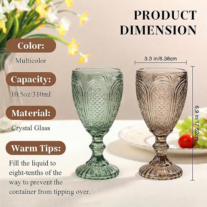 Colored Vintage Wine Glasses Set of 6 – colorful Glass Water Goblets, drinking glasses for Wedding, Holiday, or Fancy Glassware for everyday