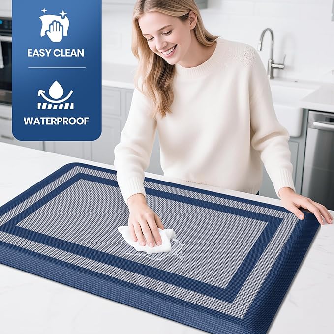 KitchenClouds [2 PCS Kitchen Rugs Cushioned Anti-Fatigue Kitchen Mats for Floor Waterproof Kitchen Rug Set Non-Slip Comfort Standing Mat for Office, Sink, Laundry 17.3"×28"+17.3"×60",Blue