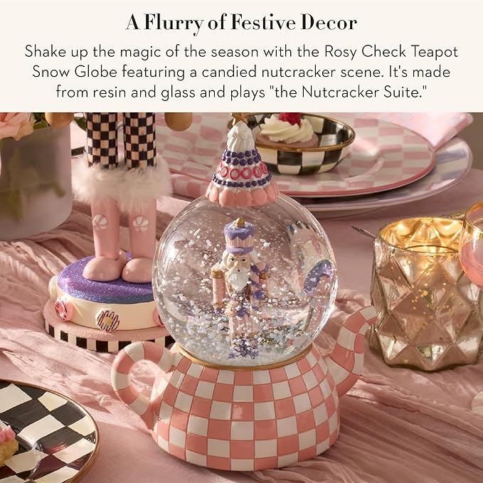 MACKENZIE CHILDS Snow Globe, Christmas Decor for Living Room, Rosy Check Teapot