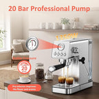 AYCHIRO 20 Bar Semi-Automatic Espresso Machine, Adjustable Espresso Machine with Pressure Gauge, Compact Espresso Maker with Steam Wand, Cup Warmer for Home & Office