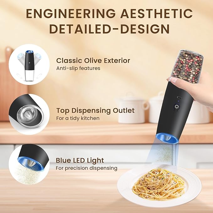 Rechargeable Electric Salt And Pepper Grinder Set, Automatic Gravity Electric Salt And Pepper Grinder Set, Adjustable Roughness, Led Light, 2 Pack, (Black)