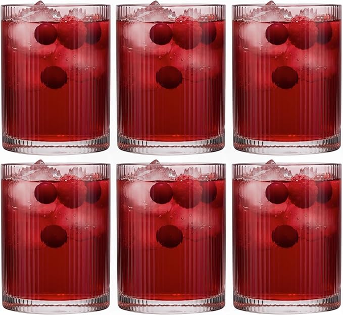 Physkoa Rose Red Ribbed Drinking Glasses Set of 6 – 9oz Vintage Red Glassware, Embossed Ribbed Tumbler Cups for Juice, Cocktail, Water, Iced Coffee