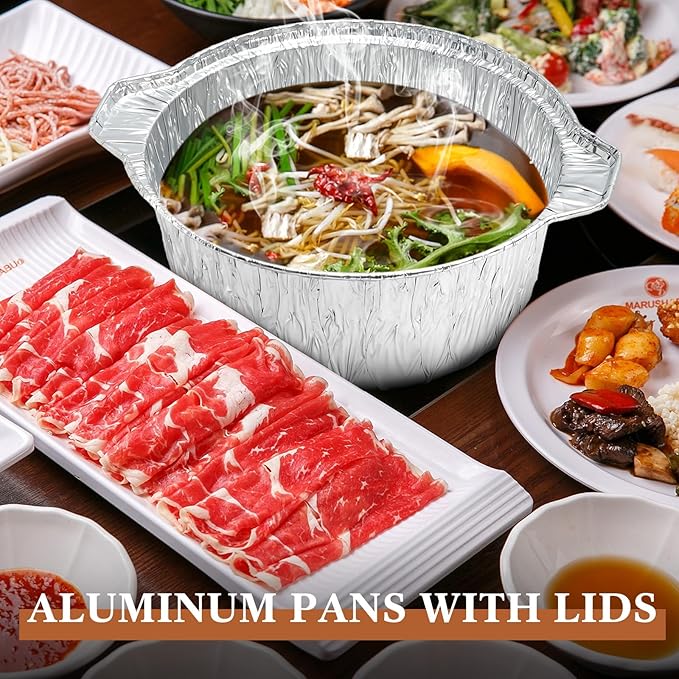 24 Pcs Disposable Aluminum Pot with Lid Round Foil Pans Disposable Cookware Food Container for Vacation Trips Camping Baking Heating Cooking (74.4 oz)