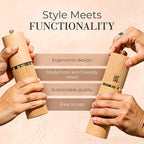 Wooden Salt and Pepper Grinder Set – Refillable Manual Salt and Pepper Mills with Adjustable Ceramic Burrs, Gold Detailing, and Wood Stand