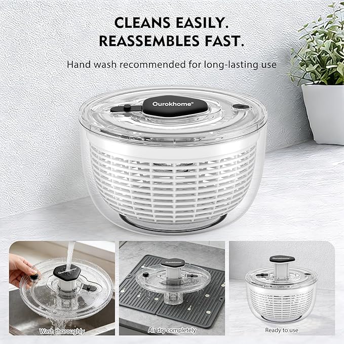 Ourokhome Salad Spinner Lettuce Dryer, One-handed Easy Press Large Vegetable Dryer Salad Mixer with Comfortable and Retractable Pusher and Brake Button for Greens, Herb, Berry, Fruits, 3.8 QT, Black