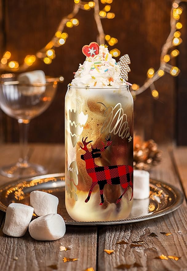ANOTION Christmas Cups, 18oz Christmas Coffee Mugs Glass Cups with Lid and Straw Colorful Xmas Tree Tumbler Drinking Glasses Glassware Drinkware Cookie Jar Home Decoration Gifts for Women Kids Men