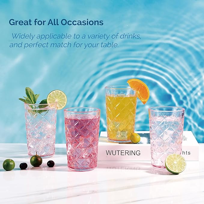 Drinking Highball Glasses Set of 4, Vintage Cross Hatch Glass Cups, 15.5oz Tall Drinking Water Glasses, Dishwasher Safe Pink Glass Tumbler Glassware for Water, Juice, Cocktail, Coffee, Whiskey