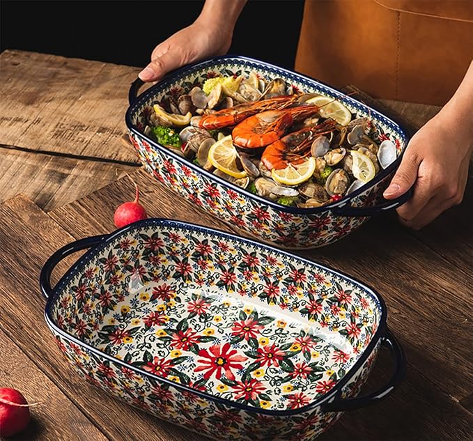 Red Daisy Flower Vintage Style Ceramic Bakeware Casserole Dish Baking Pan Lasagna Pans Baking Dish with Handles for Oven/Cooking/Kitchen-1 PCS, 60 OZ