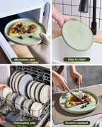 Famiware Star 24-Piece Reactive Glaze Plates and Bowls Sets, Service for 8 - Stoneware Dinnerware Set, High Edge Ribbed Dishes, Chip & Scratch Resistant, Microwave & Dishwasher Safe, Matte Sage Green
