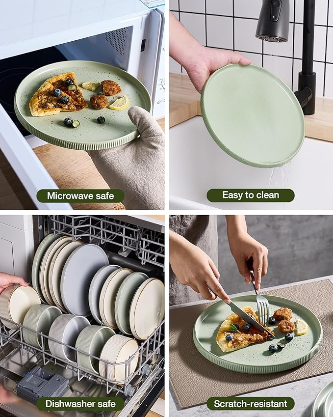 Famiware Star 12-Piece Stoneware Dinnerware Sets, Service for 4 - Handcrafted Reactive Glaze Plates and Bowls, Modern Rustic Dishes, Chip/Scratch Resistant, Microwave/Dishwasher Safe, Matte Sage Green