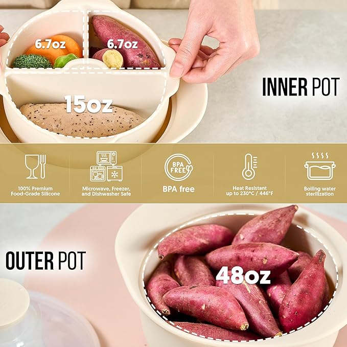 48oz Platinum Silicone 3 Compartmented Microwave Steamer Pot with Handle & Lid - Korean 100% Food-Grade Steamer Bowl, Heat-Resistant Cooker with Steam Holes, Easy Clean, Dishwasher Safe, Yellow