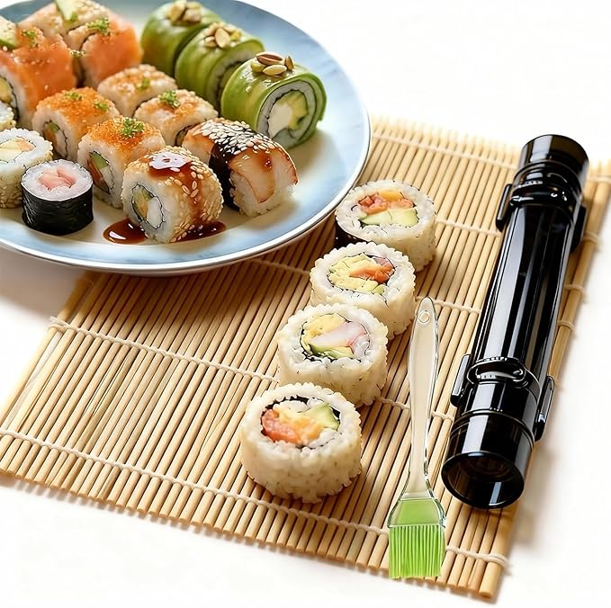 Sushi Making Kit – Clear Sushi Bazooka Roller & Bamboo Sushi Rolling Mat, Easy DIY Sushi Maker Tool Set for Beginners, Homemade Sushi Rolls for Kitchen & Party (Clear Black)