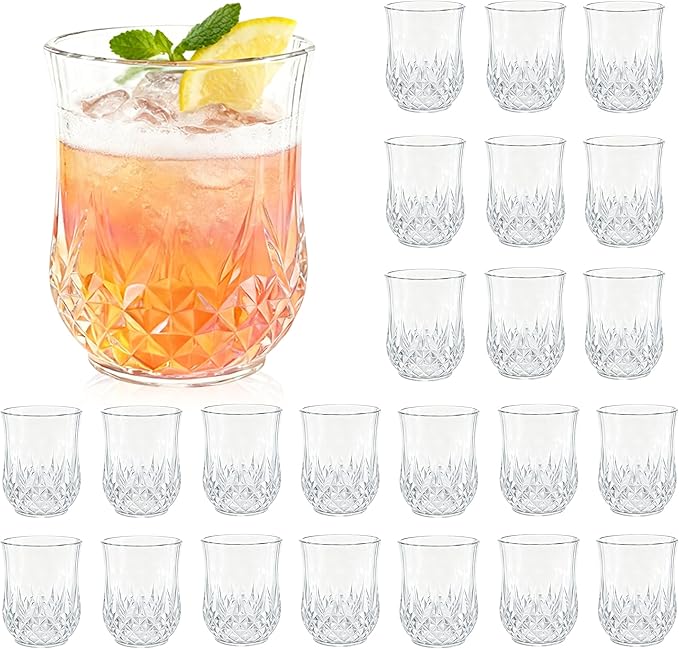 24 Pack Plastic Stemless Wine Glasses,12oz Unbreakable Vintage Elegant Drinking Glass Set,Reusable Fancy Cocktail Cups for Party, Wedding, and Bulk Events (24, 12oz-Transparent)