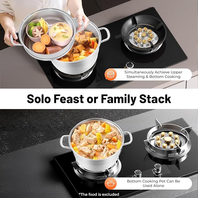 5-Tier Stainless Steel Steamer, 12.8 Inch Commercial Multi Tier Stainless Steel Cookware Pot Vegetable Meat Steamer Cooker Set w/Glass Lid for Steaming Shrimp & Miscellaneous Grains