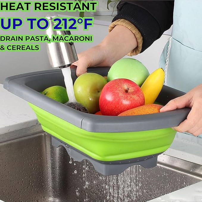 Over the Sink Collapsible Colander Strainer (5 Quart) with Extendable Handles, BPA Free Silicone Kitchen Strainer for Vegetables, Fruit & Pasta, Foldable Sink Colander Basket (1pc green)