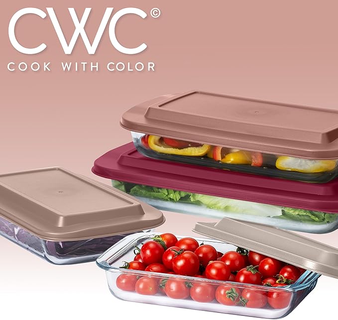 COOK WITH COLOR 8-Piece Deep Glass Baking Dish Set with Plastic Lids – Casserole and Food Storage Containers for Lasagna, Leftovers – Freezer-to-Oven, Microwave & Dishwasher Safe, Rose