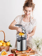 QCen Electric Citrus Juicer Squeezer, Electric Juicer for Orange, Lemon and Limes with Rubber Handle and Two Size Cones, Anti-Drip Spout, Easy to Clean and Use, BPA Free, Black/Stainless Steel