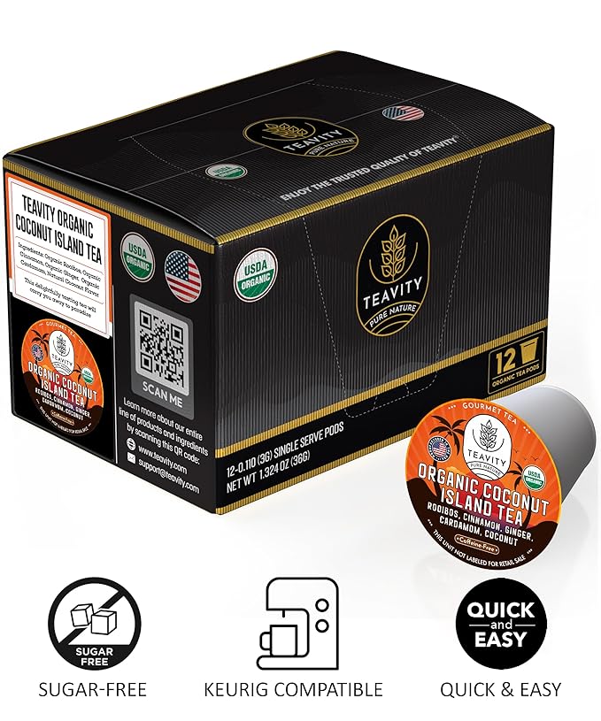 Coconut Rooibos Tea Pods for Keurig - Organic Ginger Tea, Rooibos, Cinnamon, Cardamom, Coconut by Coconut Island Teavity (24 Tea Pods)