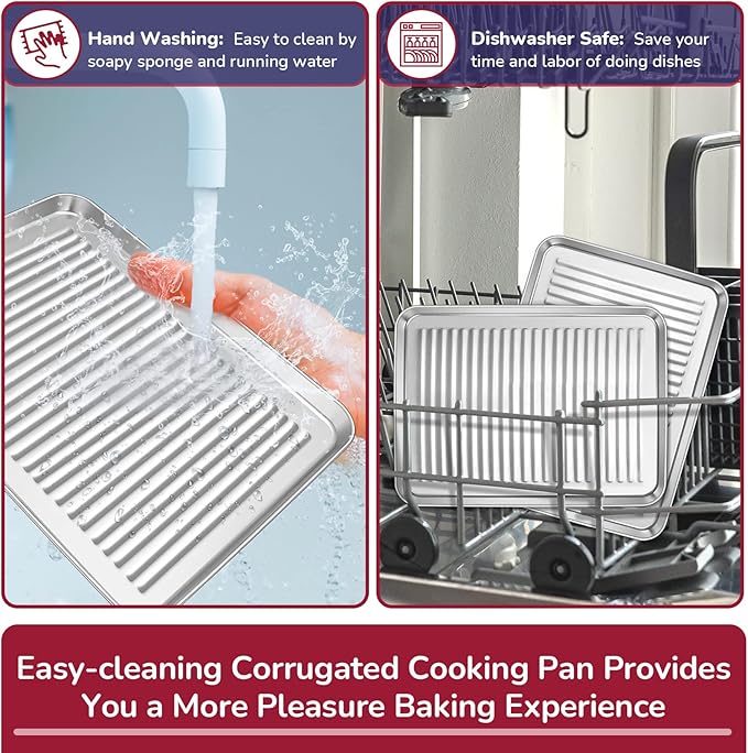P&P CHEF 10.4 x 8 x 1 Inch Mini Toaster Oven Pan, Stainless Steel Small Baking Pan Oven Tray for Cooking & Roasting, Corrugated Bottom, Healthy & Sturdy, Dishwasher Safe - 2Pcs