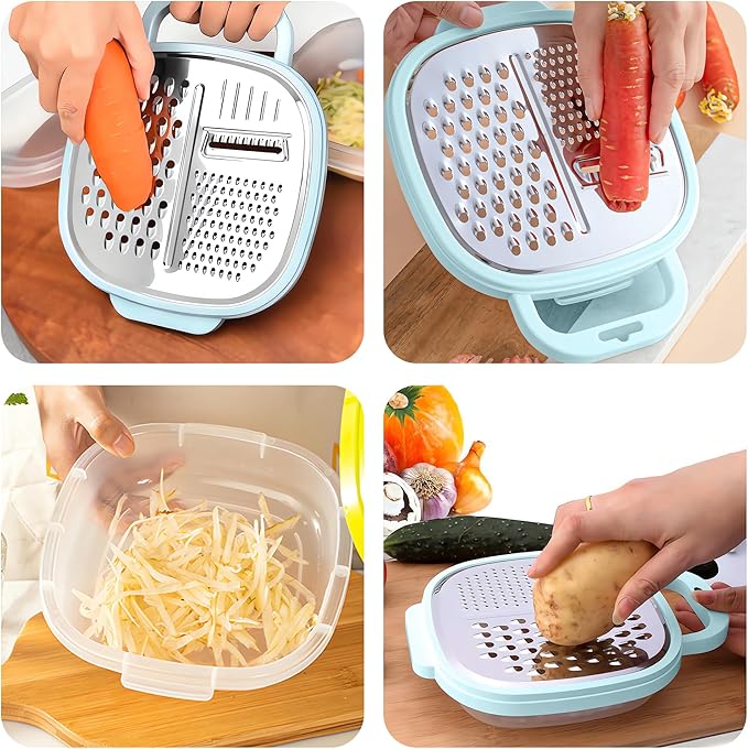 3 in 1 Vegetable Slicer with Storage Box, Stainless Steel Cheese Box Grater, Food Chopper, Wave Cutter, Kitchen Multi-Purpose Grater for Potatoes, Carrots, Zucchini, Onions... (Light Blue)