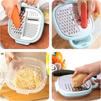 3 in 1 Vegetable Slicer with Storage Box, Stainless Steel Cheese Box Grater, Food Chopper, Wave Cutter, Kitchen Multi-Purpose Grater for Potatoes, Carrots, Zucchini, Onions... (Light Blue)