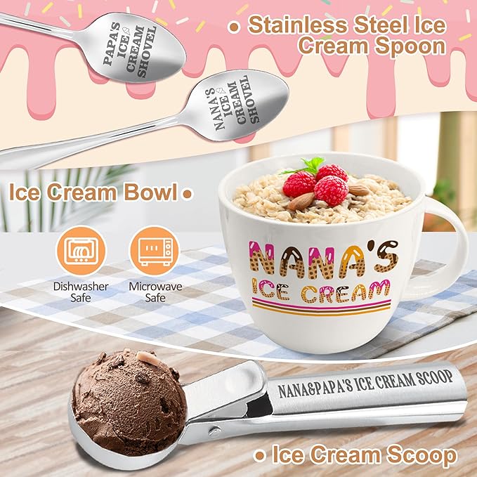 Nana Papa Gifts from Grandkids Ice Cream Bowls and Spoon Scoop Set, Nana and Papa Gifts for Grandparents Day from Granddaughter Grandson Ice Cream Bowl Accessories, Anniversary for Couples