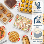 Perlli 10 Piece Baking Set - Nonstick Gold Steel Oven Bakeware With Silicone Handles, Cookie Sheets, Round Cake Pans, 9x13 Pan With Lid, Loaf Pan, Deep Pan, Pizza Crisper, Muffin Pan