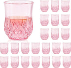 24 Pack Plastic Stemless Wine Glasses,12oz Unbreakable Vintage Elegant Drinking Glass Set,Reusable Fancy Cocktail Cups for Party, Wedding, and Bulk Events (24, 12oz-Pink)