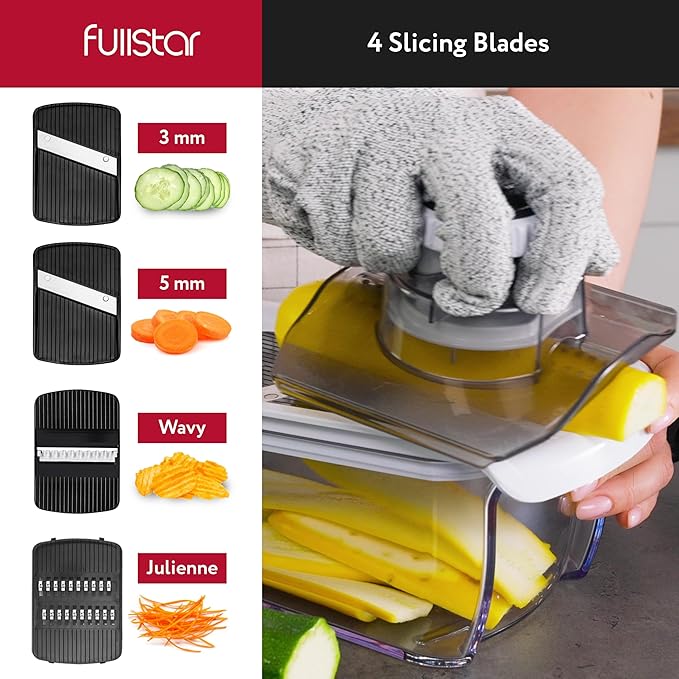 Fullstar Mandoline Slicer for Kitchen, Fruit Cutter, Cheese Grater, Cucumber Slicer, Veggie Spiralizer, Food Cutter & Kitchen Gadgets & Gifts with Safety Glove (9 in 1, White)