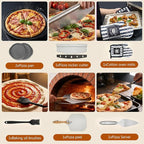 Pizza Peel Pizza Pan Set, 7Pcs Pizza Oven Accessories, 12 Inch Metal Paddle (12"x 14") with Foldable Wooden Handle, 2 Pizza Pans, Rocker Cutter, Pizza Server, Oven Mitts, Oil Brush