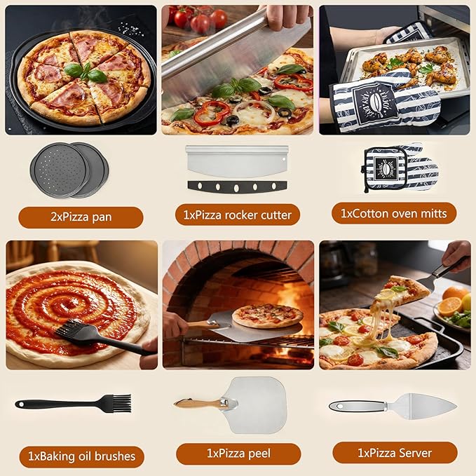 Pizza Peel Pizza Pan Set, 7Pcs Pizza Oven Accessories, 12 Inch Metal Paddle (12"x 14") with Foldable Wooden Handle, 2 Pizza Pans, Rocker Cutter, Pizza Server, Oven Mitts, Oil Brush