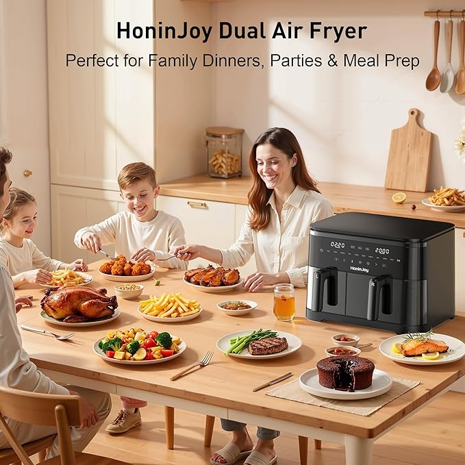 12QT Large Air Fryer with Dual Basket (4QT+8QT), 13-in-1 Digital Touchscreen Double Zone Air Fryers with 50pcs Paper Liners, Sync & Dual, for Bake, Roast, Shake Reminder, Dishwasher Safe