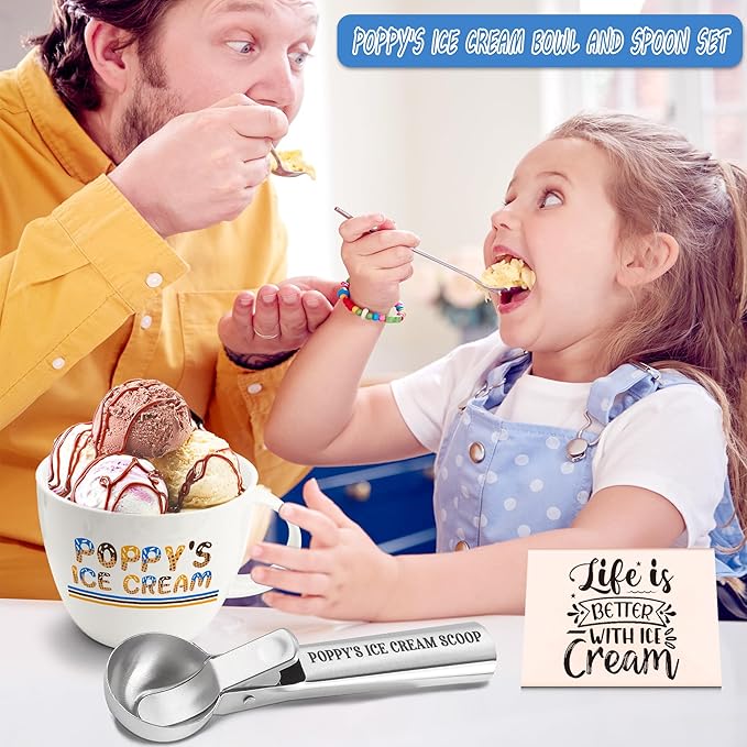 Christmas Poppy Gifts, Poppy's Gift Ice Cream Bowl Scoop Shovel Spoon Set, Grandpa Ice Cream Gift from Grandkids, Ideal Xmas Birthday Father's Day Man Gifts