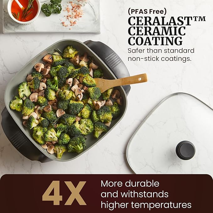 Elite Gourmet 12" x 12" x 3" Ceralast™ PFAS Free Ceramic Electric Skillet, Dishwasher Safe, Xtra Deep Dish, Rapid Heat 1200W, Black