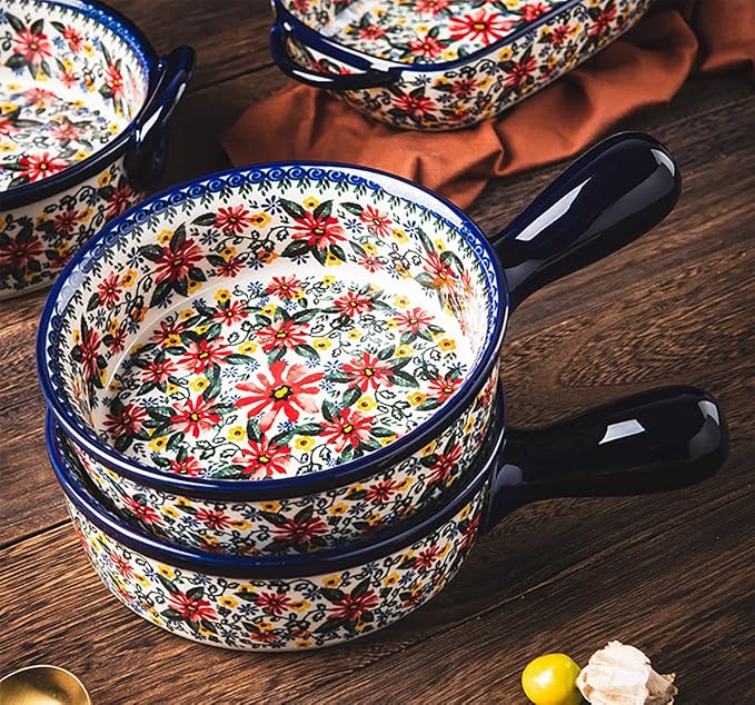 Red Daisy Flower Vintage Style Ceramic Bakeware Casserole Dish Baking Pan Lasagna Pans Baking Dish with Handles for Oven/Cooking/Kitchen-1 PCS-20 OZ