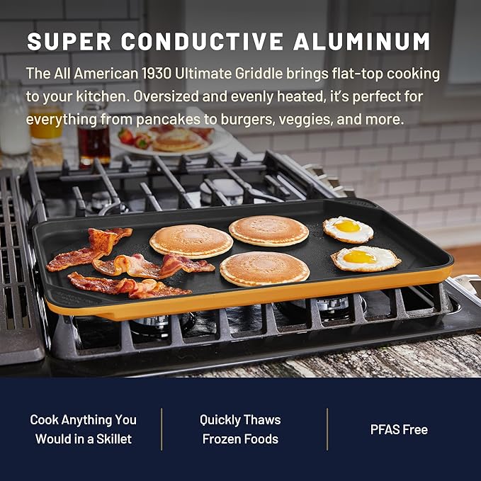 All American 1930 - Ultimate Flat Griddle with Ceramic Non-Stick Coating - Mustard Yellow - Durable & PFAS Free - For Easy, Prep, Cooking, & Cleaning - Made in the USA