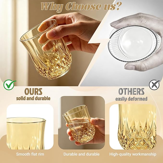 40 Pack Plastic Stemless Wine Glasses,12oz Unbreakable Vintage Elegant Drinking Glass Set,Reusable Fancy Cocktail Cups for Party, Wedding, and Bulk Events (40, 12oz-Gold)
