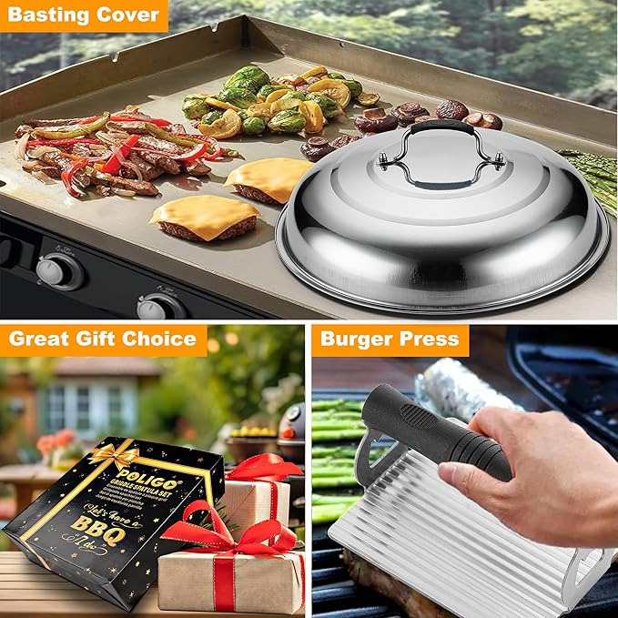 POLIGO 28PCS Griddle Accessories Kit, Flat Top Grill Accessories Set for Camp Chef, Grill Spatula Set with Enlarged Spatulas, Basting Cover, Scraper for Cooking Indoor or Outdoor Barbecue