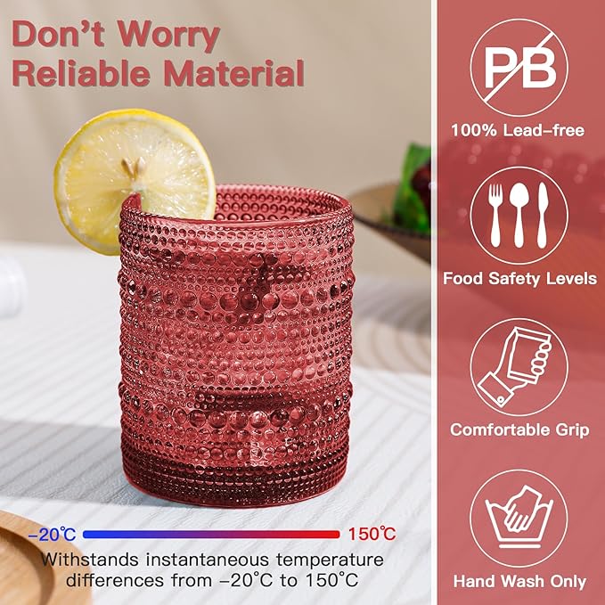 JOVGANK Red Vintage Hobnail Drinking Glasses Set of 6, Embossed Water Tumbler 12oz, Kitchen & Bar Beaded Glass Cups, Beverage Glass Cups for Water, Beer, Juice, Housewarming and Mother's Day Gift