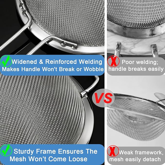 7.87" Fine Mesh Strainer Set with Sturdy Handle, Stainless Steel Sieve Flour Sifter, Kitchen Metal Colander for Rice, Quinoa, Pasta, Fruit, 2 Pack