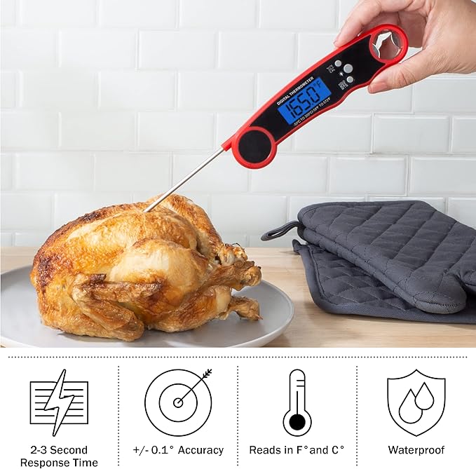 Instant Read Food Thermometer - Water-Resistant Digital Thermometer with Magnetic Back - for Cooking, Grilling, and Baking by Home-Complete