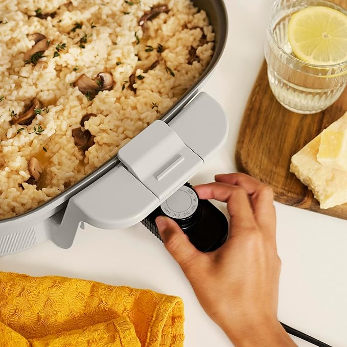 bella Make & Take XL Electric Skillet, Fits-anywhere™ kitchenware, EverGood™ Ceramic Coating, Adjustable Temperature & Dishwasher-Safe Tempered Glass Lid, Cast Aluminum Base, 1200 Watt, Oatmilk