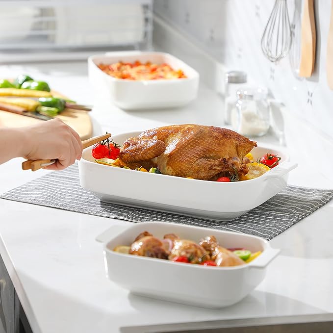 MALACASA Casserole Dishes for Oven, Ceramic Baking Dishes Set of 3, Rectangular Lasagna Pan Deep Baking Pans, Bakeware Sets with Handles Gift Set, White (13.8''/11.7''/9.4''), Series BAKE