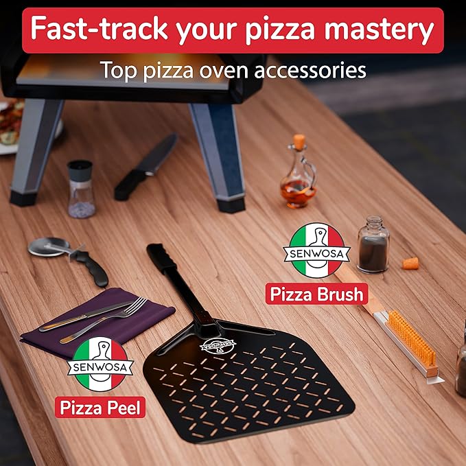 Senwosa 22” Pizza Oven Brush with Stone Scraper - Heat Resistant Stainless Steel Bristles, Extra Long Handle - Universal Fit for Most Pizza Ovens